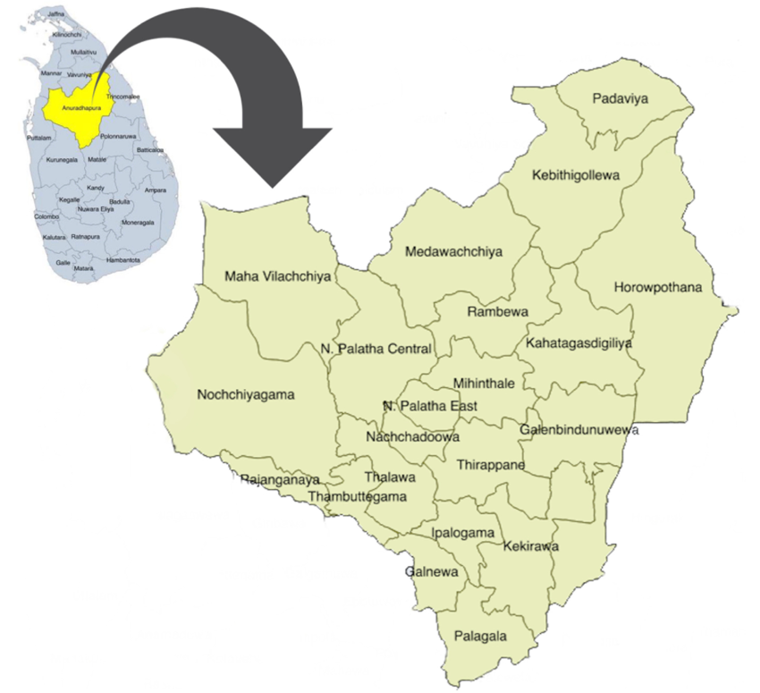 Map of the Anuradhapura district Sri Lanka This map depicts the position of